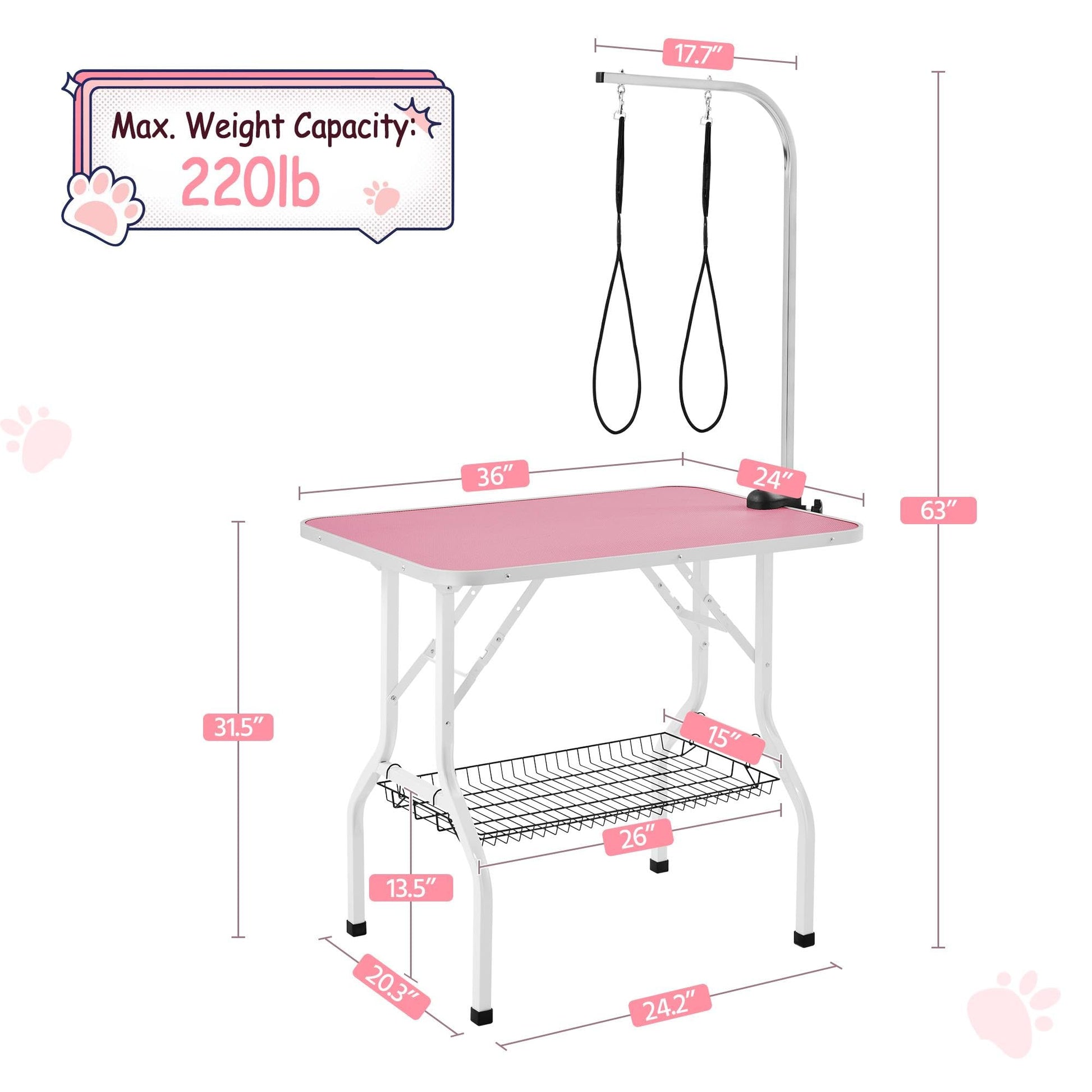 Yaheetech 36'' Dog Grooming Table, Adjustable Pet Foldable Grooming Table w/Double Loops/Mesh Tray Maximum Capacity Up to 220lbs, Pink - WoodArtSupply