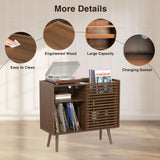 Mid Century Modern Record Player Stand with Power Outlet and Storage Cabinet, Slide Door for Bedroom and Living Room Halitaa