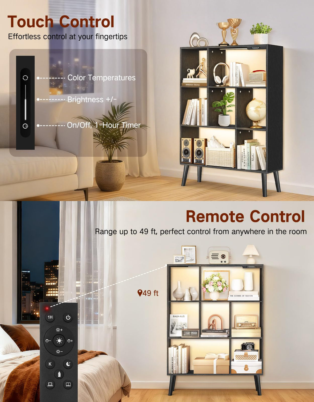 OUTONLIFE 7-Cube Bookshelf with LED Lights, Touch & Remote Control, Freestanding Open Bookcase Storage Shelf, Dimmable Modern Wooden Display Organizer with Legs for Living Room, Bedroom, Office(Black) OUTONLIFE