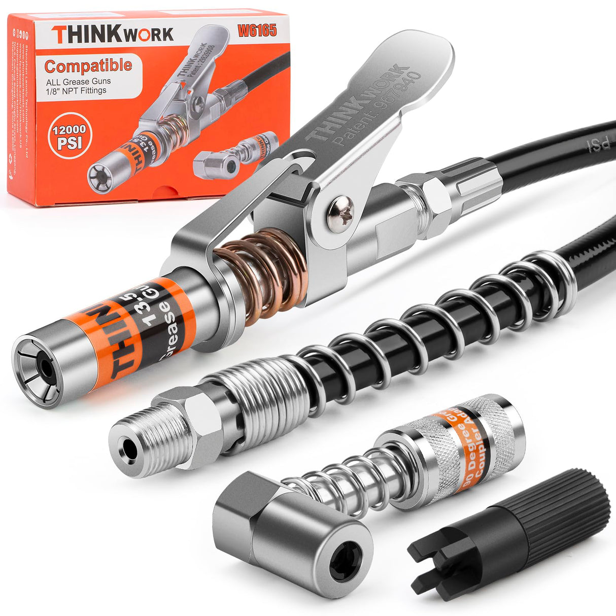 THINKWORK Grease Gun Coupler Set, Strong Lock on Greases Gun Couplers with 90° Grease Coupler Adaptor,12000 PSI Quick Release Grease Coupler Compatible with All Grease Guns 1/8" NPT Grease Gun Fitting THINKWORK