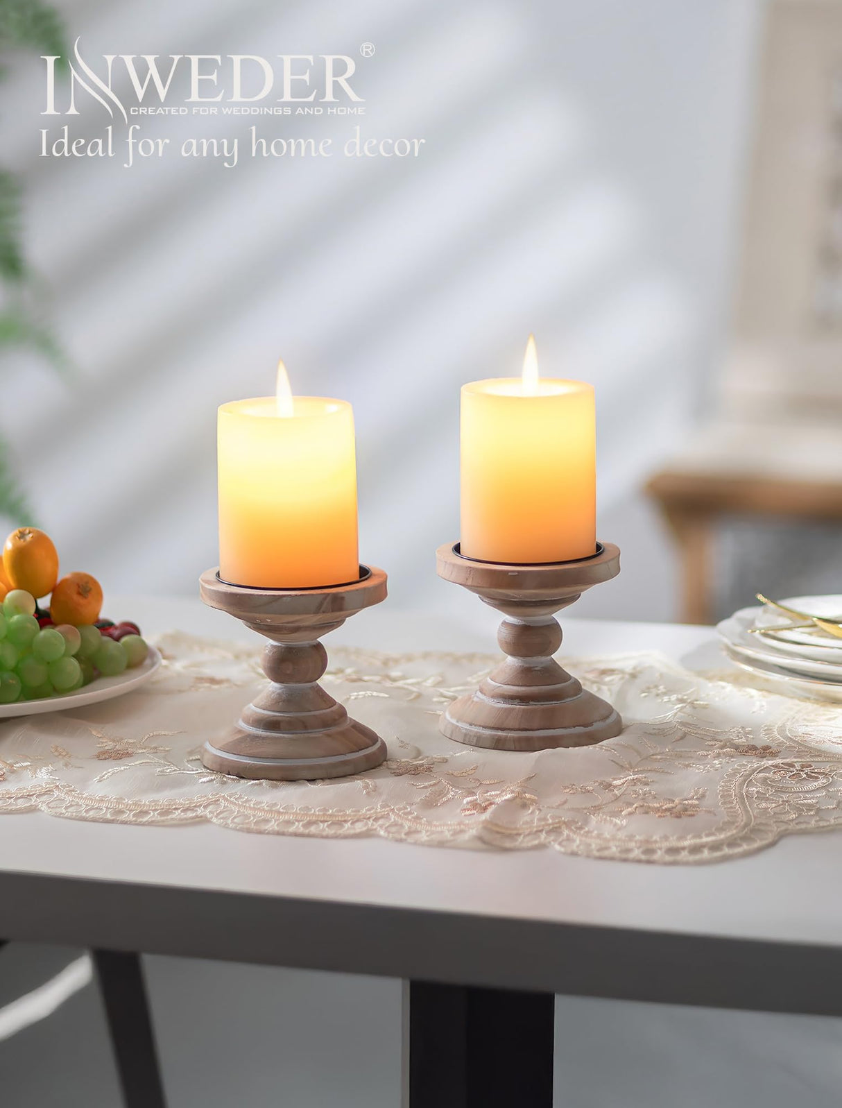 Inweder Wood Pillar Candle Holder: 2Pcs Rustic White Candle Holders for Pillar Candles Wood Candle Holders Distressed Wooden Farmhouse Candle Holder Large Rustic Candle Holder for Fireplace Table Inweder