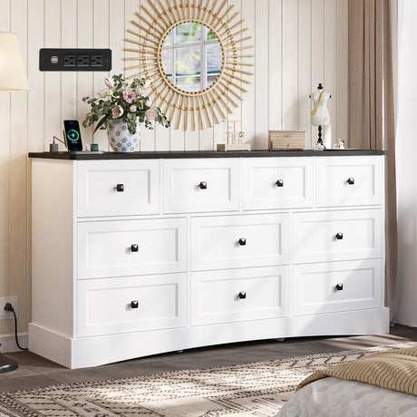 Hasuit Bedroom Dresser with 10 Drawers, 55.2" Long Dresser TV Stand with Charging Station, Farmhouse Dresser Chest of Drawers, Large Wood Storage Organizer Dresser for Bedroom Living Room, White/Black Hasuit