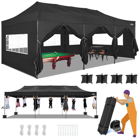 COBIZI 10x30 Heavy Duty Pop up Canopy with 8 sidewalls Stable Wedding Outdoor Tents for Parties Canopy Pop Up Party Tent UPF 50+ Waterproof Commercial Gazebo with Roller Bag, Black(Windproof Upgraded) COBIZI