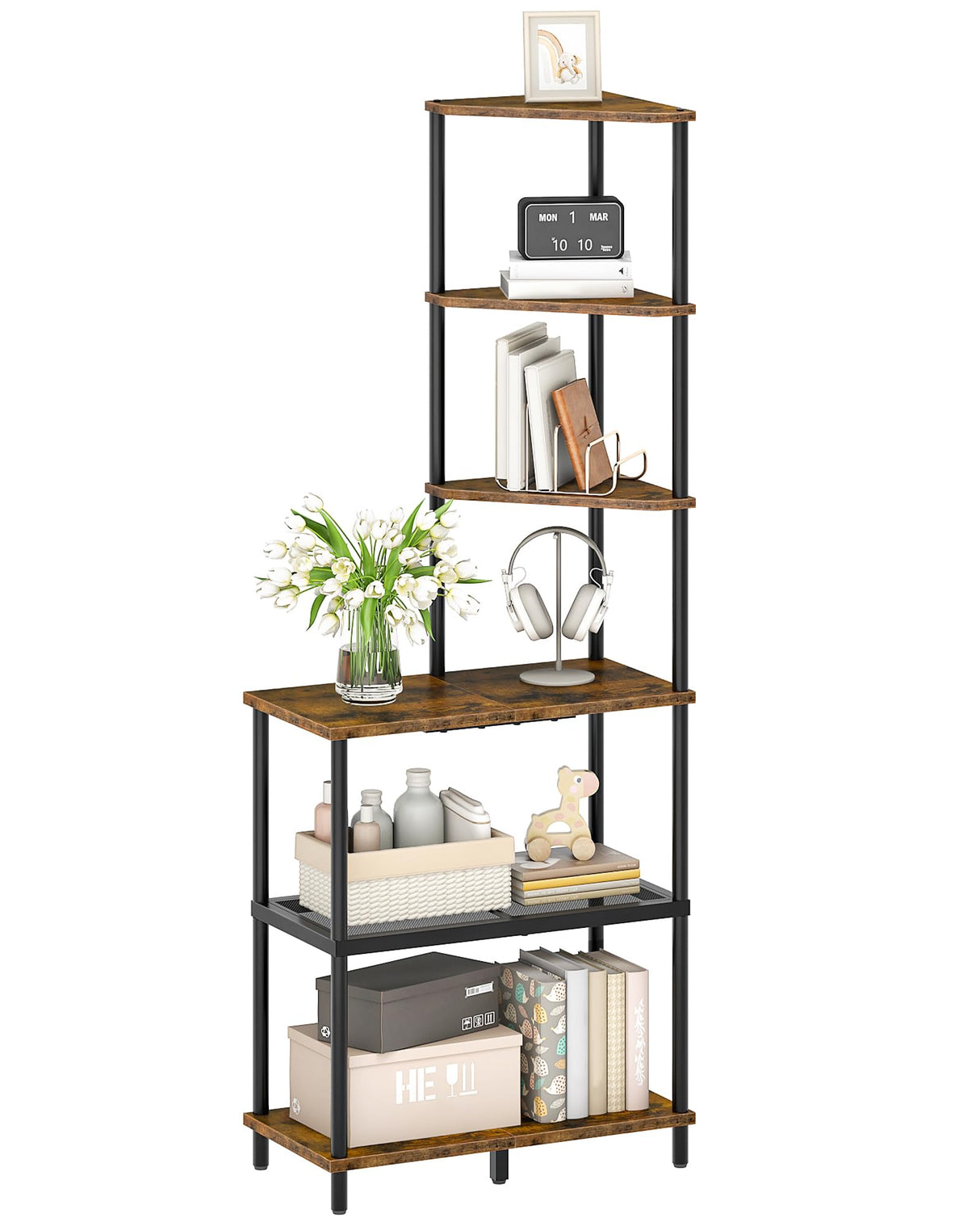 CHOEZON 6-Tier Corner Shelf, Industrial Corner Bookshelf with Desk Top, Diamond-Shaped Storage Shelves, Display Stand for Small Spaces, Living Room, Home Office, Foyer, Rustic Brown and Black TCJ70BF CHOEZON