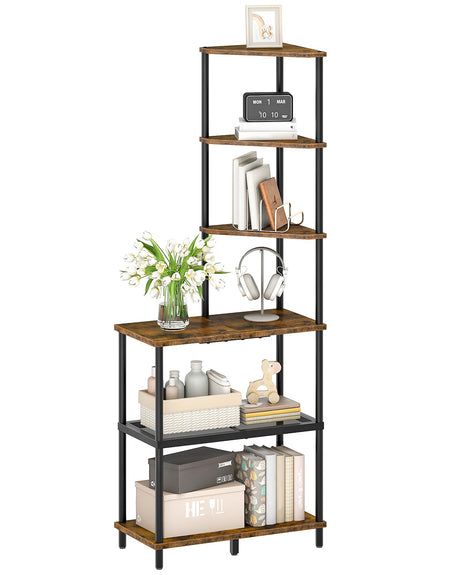 CHOEZON 6-Tier Corner Shelf, Industrial Corner Bookshelf with Desk Top, Diamond-Shaped Storage Shelves, Display Stand for Small Spaces, Living Room, Home Office, Foyer, Rustic Brown and Black TCJ70BF CHOEZON