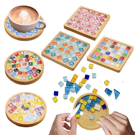 KDBDSYZB 6 Sets DlY Mosaic Tiles for Crafts,Mixed Color Glass Mosaic Kits with Wooden Coaster for Adults,DlY Coasters Kit Mosaic Supplies for Handmade Home Decoration Gift (Round and Square) KDBDSYZB