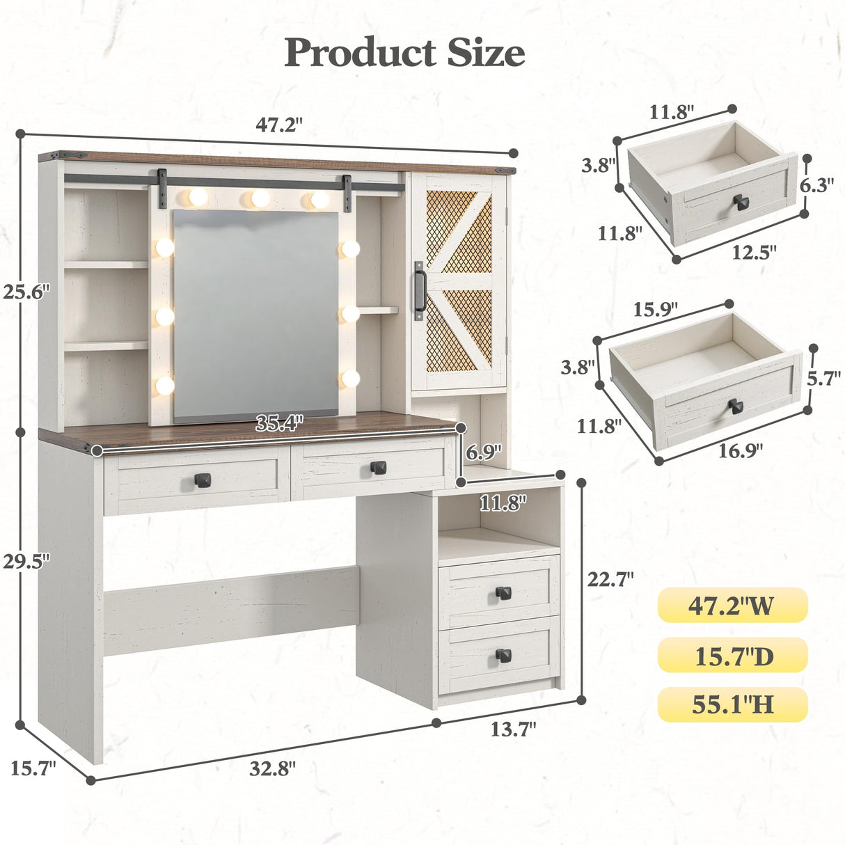 EnHomee 47.2" W Farmhouse Vanity Desk with Mirror and Lights, Makeup Vanity with Charging Station & 4 Drawers,Makeup Vanity Table for Bedroom,White,Stool not Included EnHomee