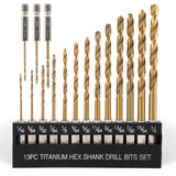 COMOWARE Titanium Twist Drill Bit Set - 16 Pcs Hex Shank High Speed Steel for Wood Plastic Aluminum Alloy, Quick Change, 1/16"-1/4" COMOWARE