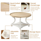 Wnutrees Farmhouse Round Coffee Table, Rustic Circle Coffee Table with Wood Tray Top for Living Room, Boho Coffee Table with Storage Shelf, Handcrafted Finish, White Wnutrees