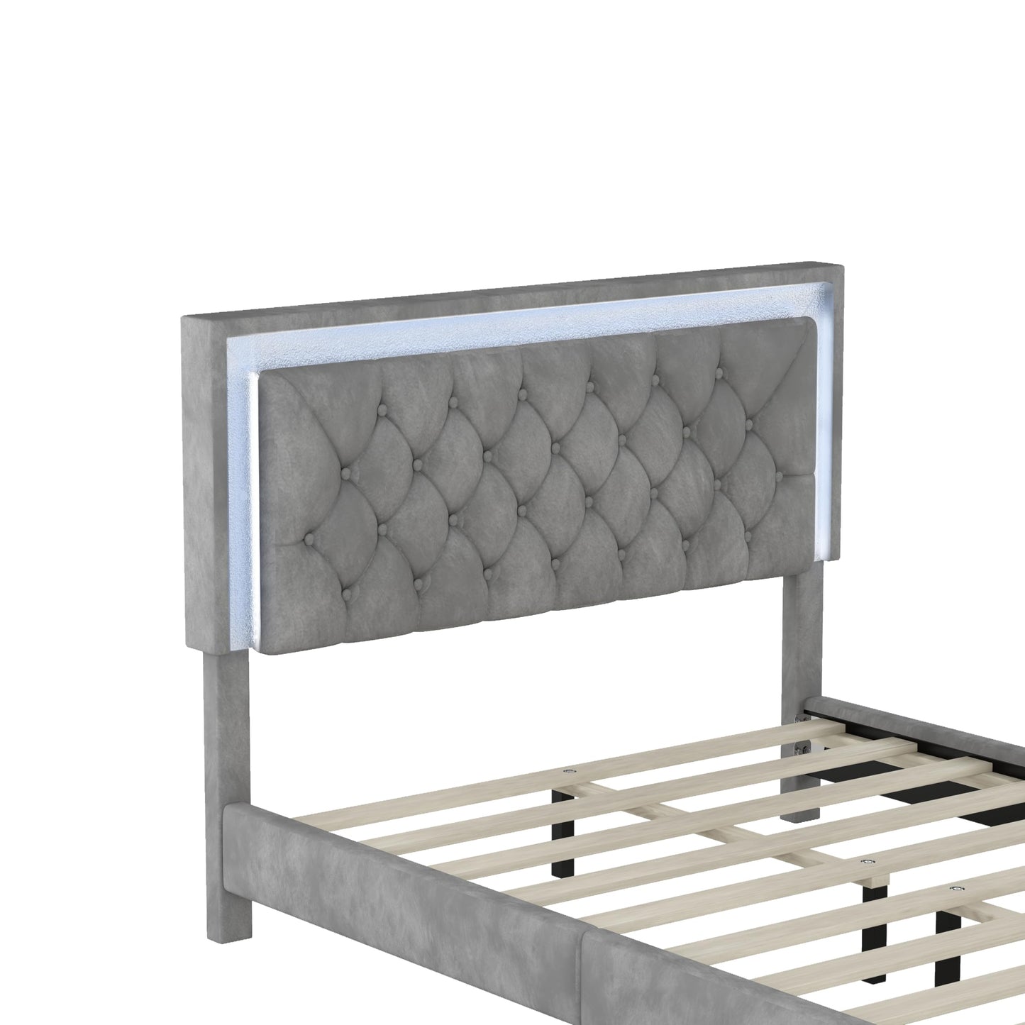 HomSof Modern Grey Velvet Platform Bed Frame with LED Lights and Tufted Headboard - WoodArtSupply