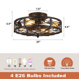 jarensen Rustic Black Caged Flush Mount Ceiling Fans with Lights and Remote Vintage Low Profile Bladeless Ceiling Fan, Reversible Motor, E26 Bulbs, 6 Speeds,for Farmhouse, Living Room, and Bedroom jarensen