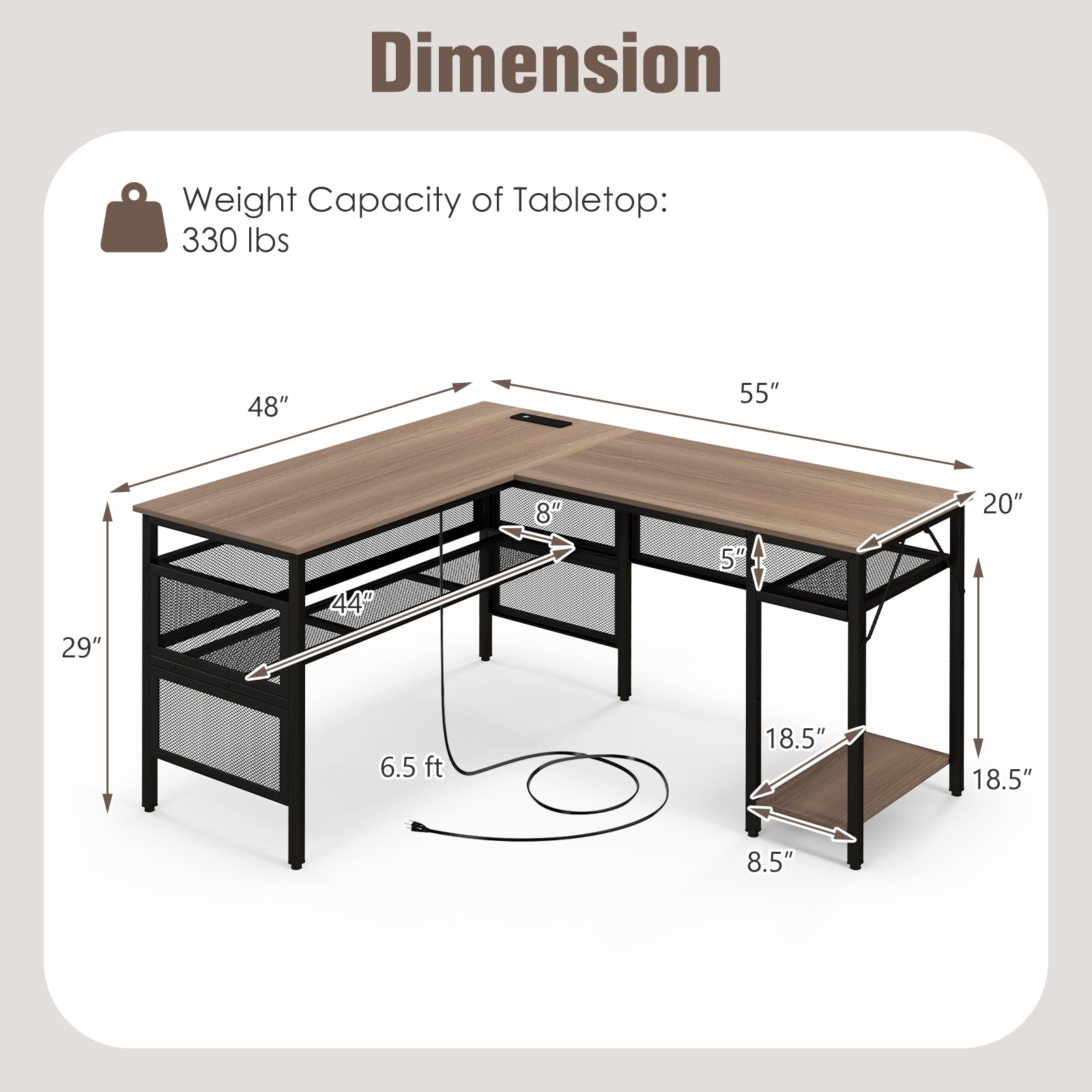 COSTWAY L Shaped Desk with Charging Station, 55” Reversible Corner Computer Desk with Mesh Storage Shelves, CPU Stand, 2 Person Gaming Desk Computer Workstation for Home Office - WoodArtSupply