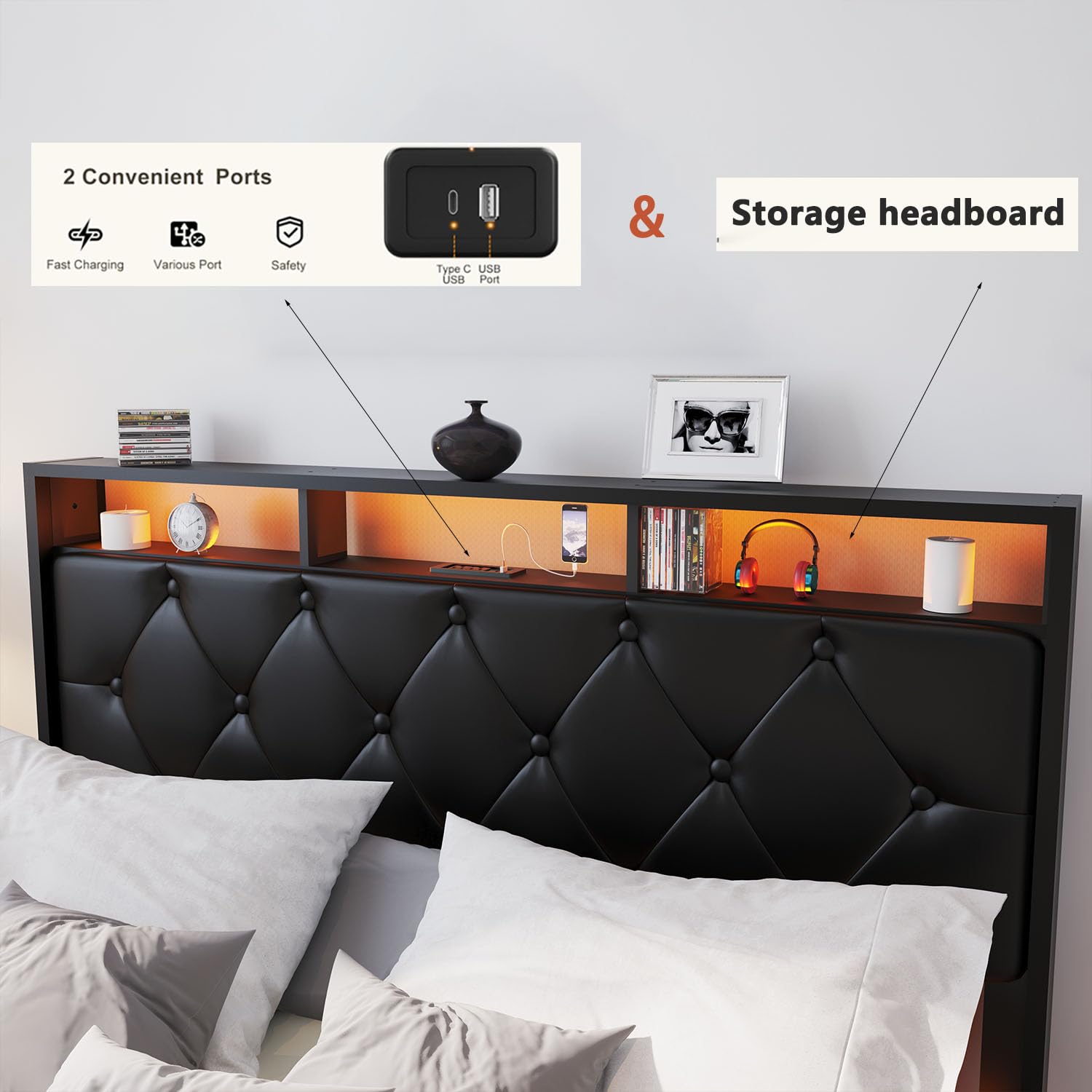 SAVOLIFE King Size LED Floating Bed Frame with Storage Headboard and Charging Station, Black - WoodArtSupply