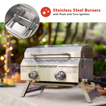 Megamaster Premium Outdoor Cooking 2-Burner Grill, While Camping, Outdoor Kitchen, Patio Garden, Barbecue with Two Foldable legs, Silver in Stainless Steel