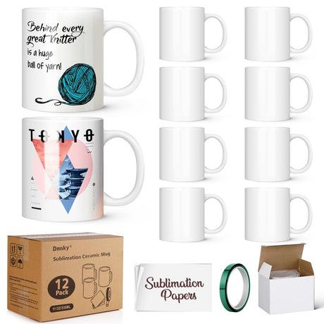 Dmsky Sublimation Coffee Mugs Tazas Para Sublimar 11 oz Blank Bulk Coffee Mug White Ceramic Photo Cups With Box, Heat Tape, sublimation paper Ideal for Crafts Printing Set of 12 Dmsky