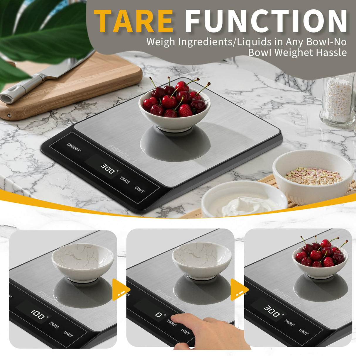 Food Scale - Rechargeable Digital Kitchen Scale 33lb, 1g/0.05oz Precision, Type-C, Stainless Steel, Grams/Ounces, LCD Display, for Cooking/Baking/Meal Prep (Ash Silver) FISHCLOUD
