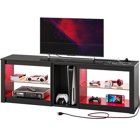 Bestier TV Stand for 70 inch TV with Power Outlets, LED Entertainment Center for PS5, Gaming TV Consoles with Glass Shelves for Living Room, 63'' Inch, Black Carbon Fiber Bestier