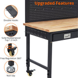 48 Inch Workbench, Adjustable Work Bench with Drawers, Pegboard, Garage Workbench, 2000 Lbs Load Capacity Rubber Wood Top, Heavy-Duty Rolling Work Benches for Workshop Warehouse Euker