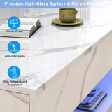 chartustriable 47inch Large High-Glossy LED Coffee Table with 2 Sliding Drawers, Living Room Storage Tables with Marbling Print, Modern Stylish Double-Layer Center Tables w/LED Lights, White chartustriable