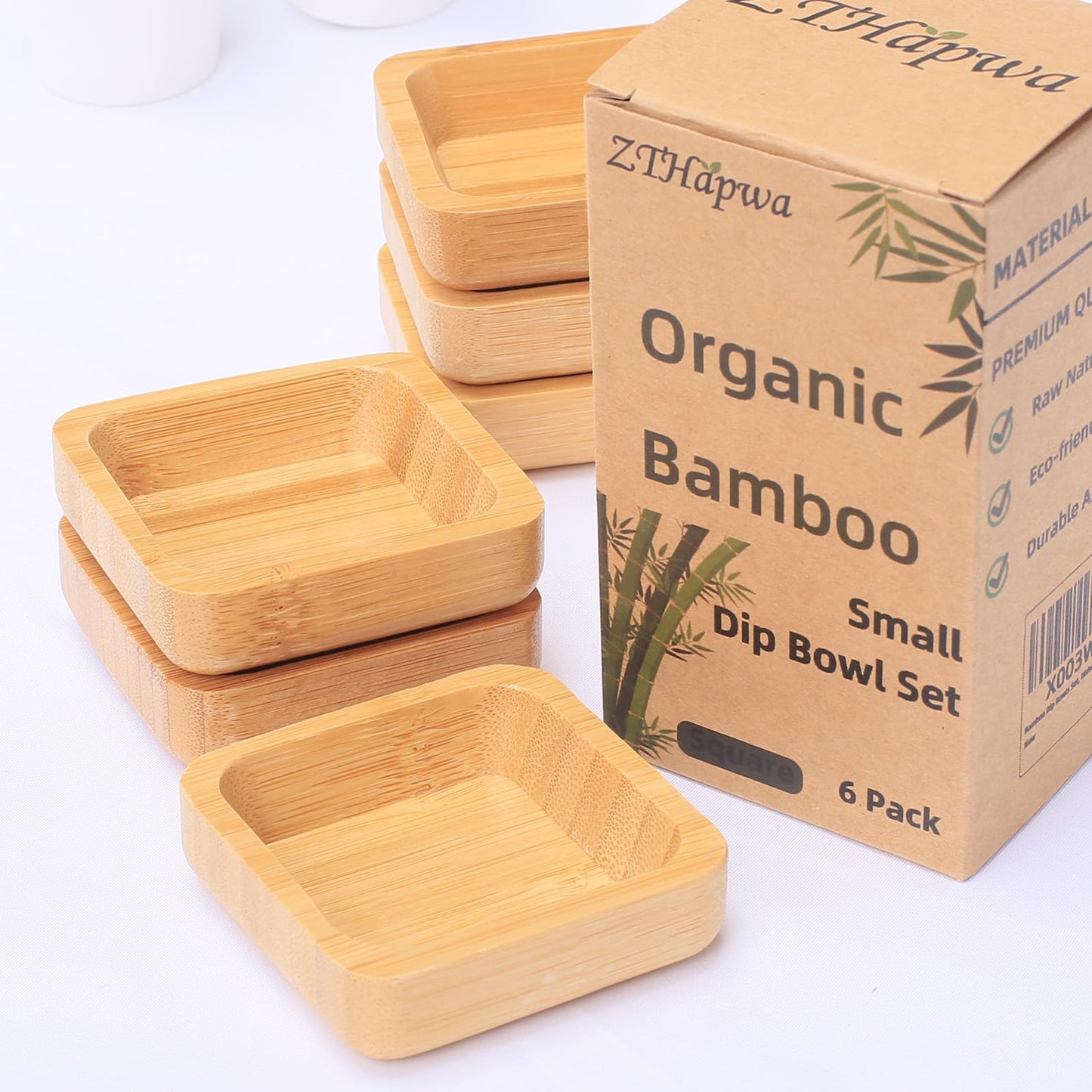 ZTHapwa Snack Bowl Set, Small Bamboo Sauce Dish Dipping Bowls for Appetizers, Dips, Sauce, Nuts, Candy, Olives, Seeds, Desserts and More, Square 1.4 oz