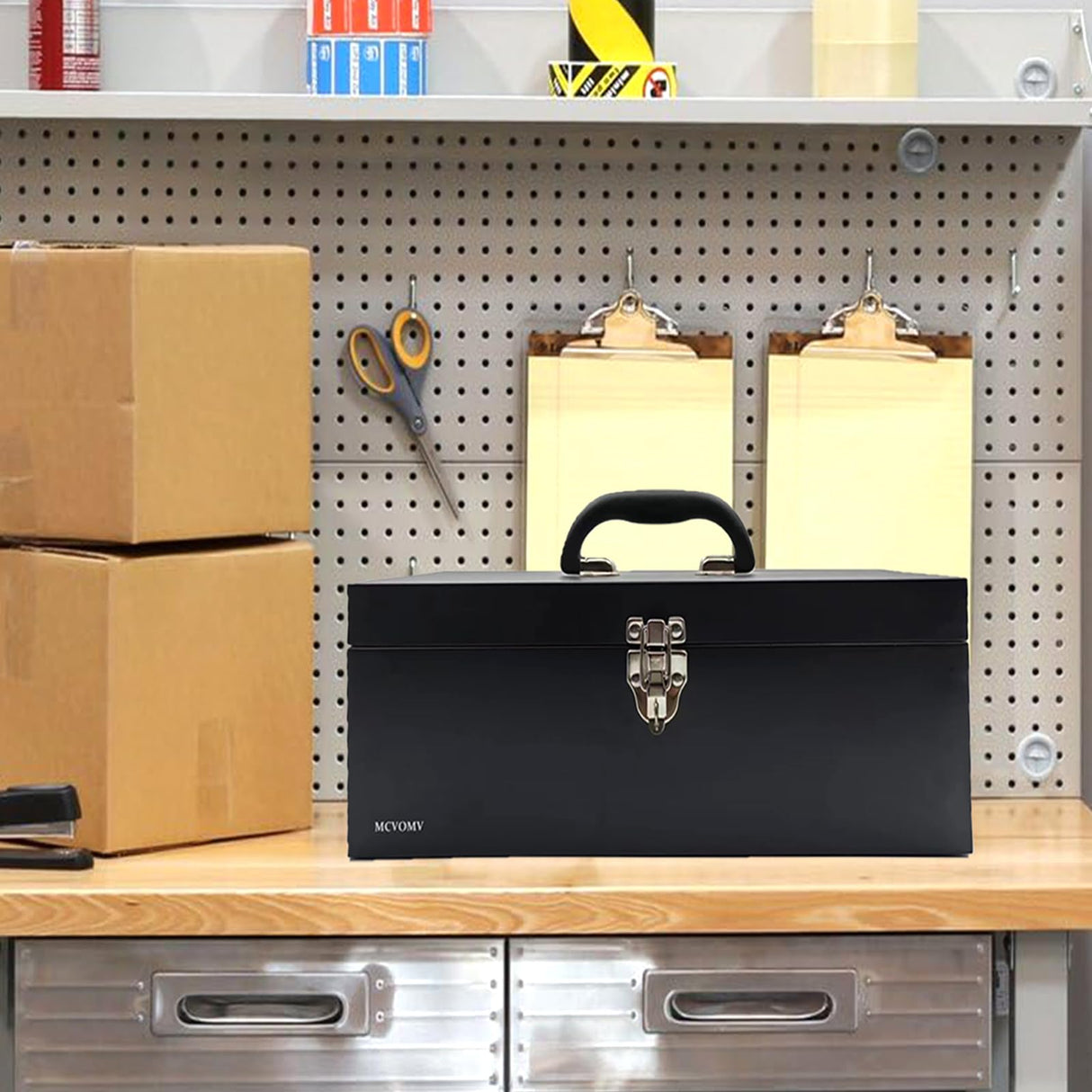 16" Portable Metal Toolbox Large Tool Box 18-Gauge Fishing Tackle Box Tool Box Drawer Organizer Steel Tool Box With Metal Latch and Handle Black Mcvomv