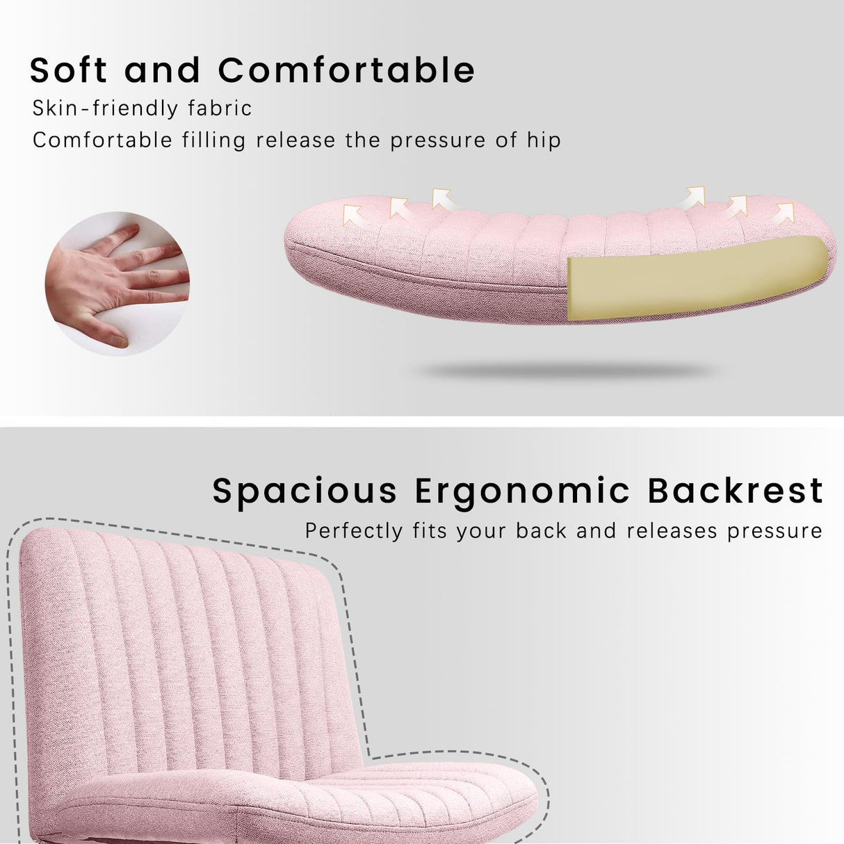 PUKAMI Criss Cross Chair,Armless Cross Legged Office Desk Chair No Wheels,Fabric Padded Modern Swivel Height Adjustable Mid Back Wide Seat Computer Task Vanity Chair for Home Office(Pink) PUKAMI