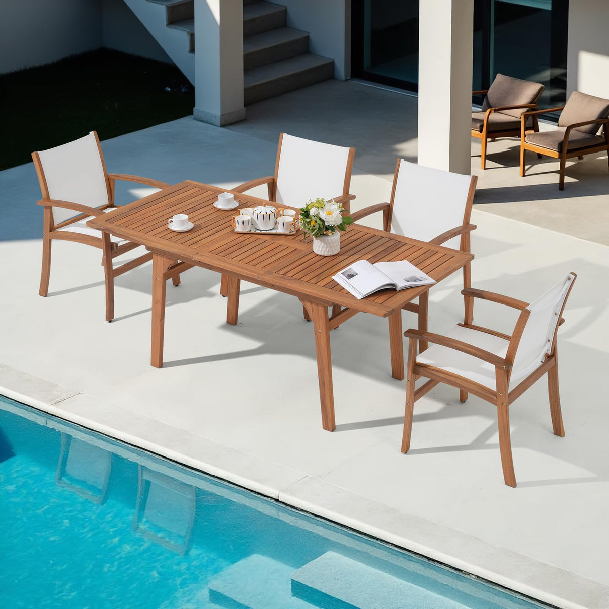 OC Orange-Casual Patio Furniture Set, Acacia Wood Patio Dining Set for 6-8, Outdoor Expandable Table and Chairs Set with Umbrella Hole and Breathable Textilene Fabric for Garden (White, 5 Pieces) OC Orange-Casual