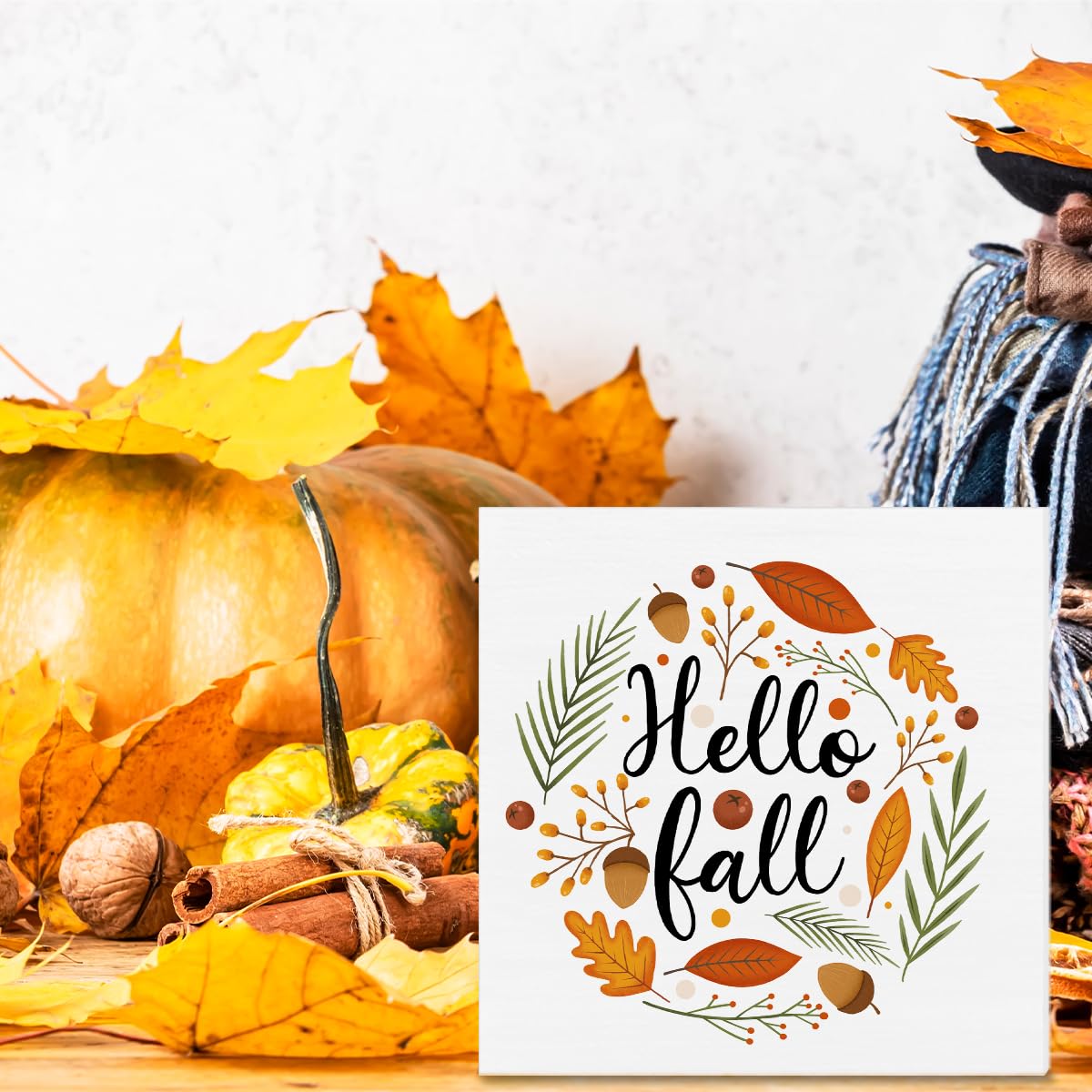 Fall Decor Autumn Leaves Wood Sign Hello Fall Decorations Farmhouse Home Table Desk Decor (5 x 5 Inches) Zauly