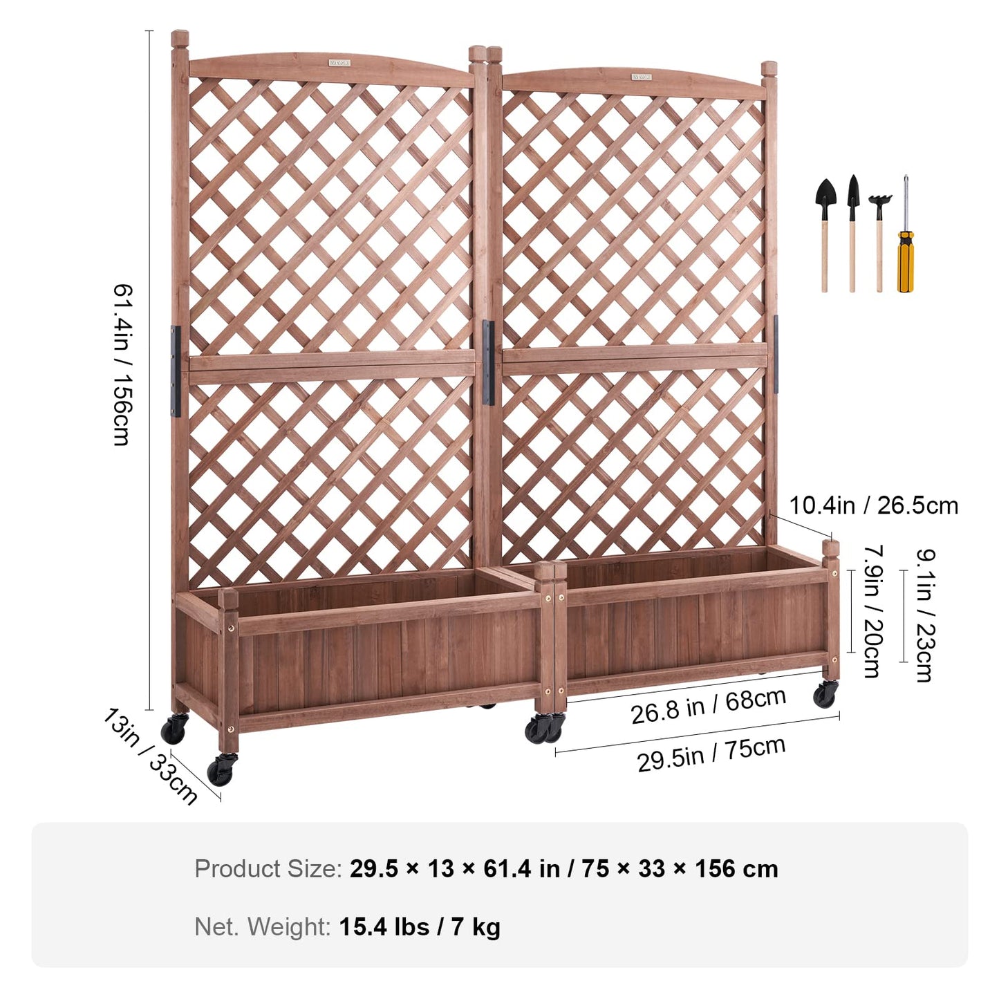 VEVOR 2PCS Wood Planter with Trellis, 60"x13"x61.4" Outdoor Raised Garden Bed with Drainage Holes, Free-Standing Trellis Planter Box for Vine Climbing Plants Flowers in Garden, Patio, Balcony