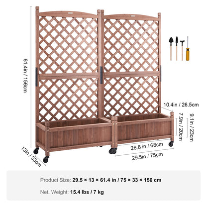 VEVOR 2PCS Wood Planter with Trellis, 60"x13"x61.4" Outdoor Raised Garden Bed with Drainage Holes, Free-Standing Trellis Planter Box for Vine Climbing Plants Flowers in Garden, Patio, Balcony