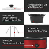 Elite Gourmet EWMST-325R Maxi-Matic Triple Slow Cooker Buffet Server Adjustable Temp Dishwasher-Safe Oval Ceramic Pots, Lid Rests, 3 x 2.5 Qt Capacity, Red Elite Gourmet