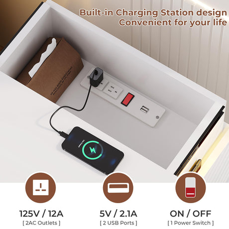 BTHFST Modern LED Nightstands Set of 2 with Charging Station and Sliding Top in White BTHFST