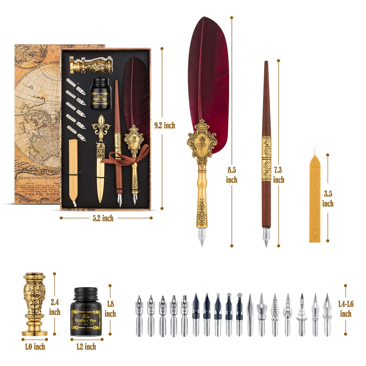 Hethrone Feather Pen and Ink Set - Quill Pens Calligraphy Pen Set Fountain Dip Pen Hethrone