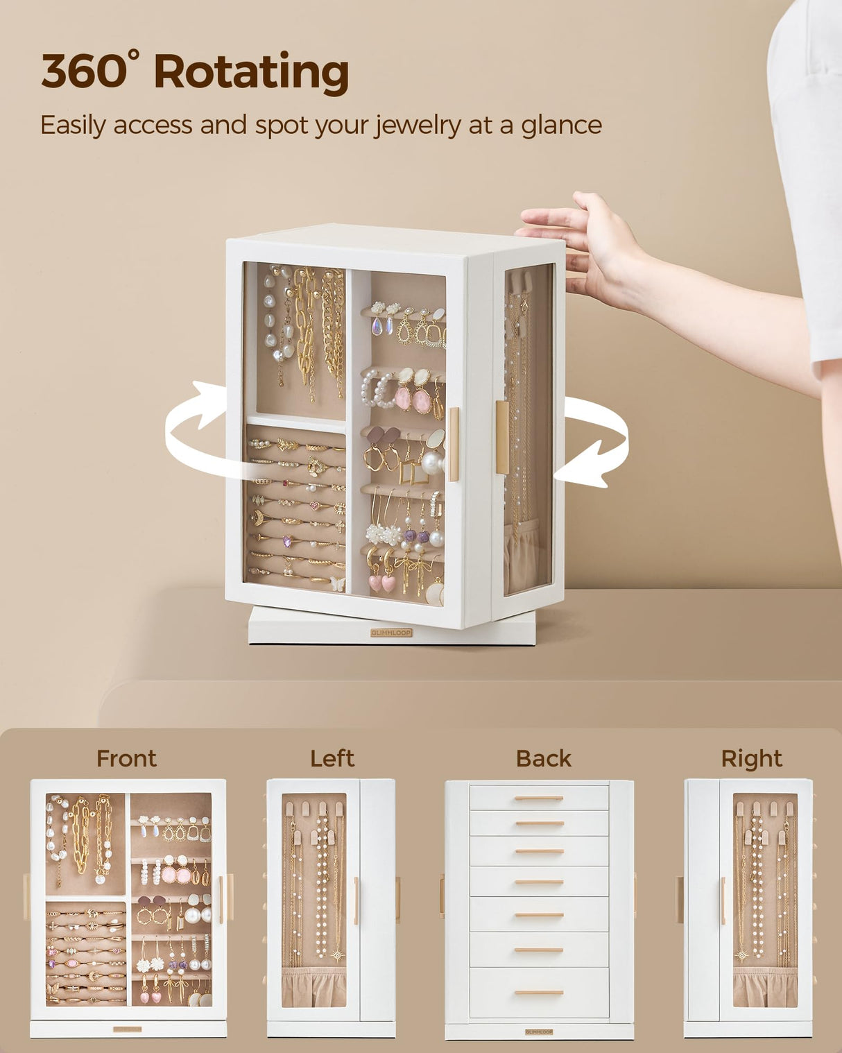 Glimmloop 360° Rotating Jewelry Box with 7 Drawers, Spacious Vertical Jewelry Organizer with Glass Window, Jewelry Storage Case, Dustproof & Moisture-resistant Design, White Glimmloop