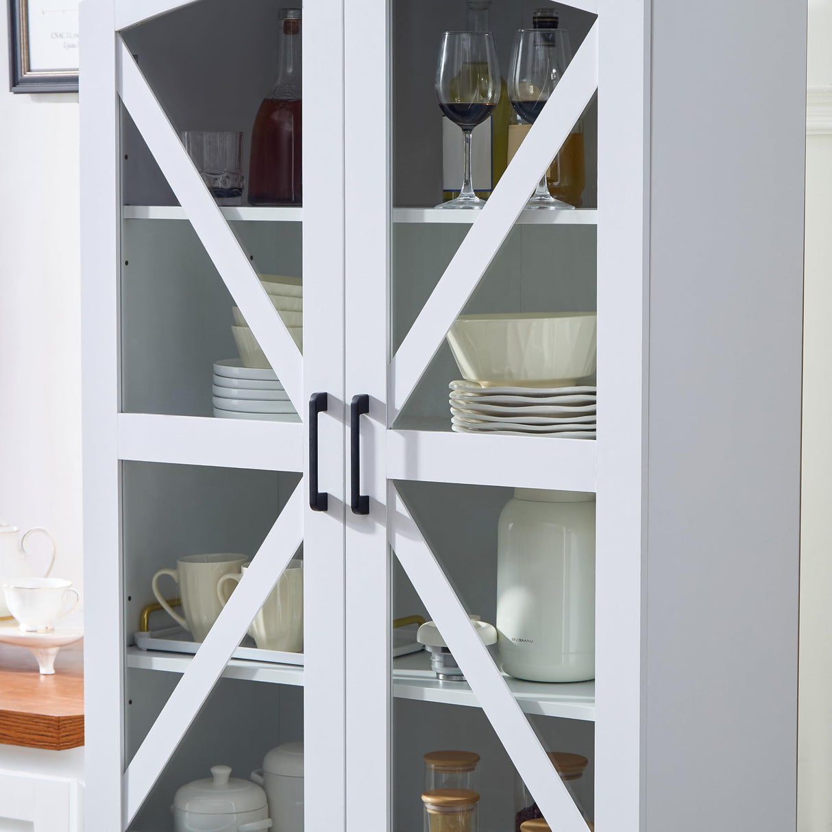 72" Tall Bookcase Set of 2 with Glass Doors, Farmhouse 3Tier Book Shelf with 2 Drawer, Arc Wood Bookshelf with Storage Cabinet, Freestanding Display Bookshelves, China Cabinet for Living Room, Office FFBCFDK