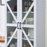 72" Tall Bookcase Set of 2 with Glass Doors, Farmhouse 3Tier Book Shelf with 2 Drawer, Arc Wood Bookshelf with Storage Cabinet, Freestanding Display Bookshelves, China Cabinet for Living Room, Office FFBCFDK