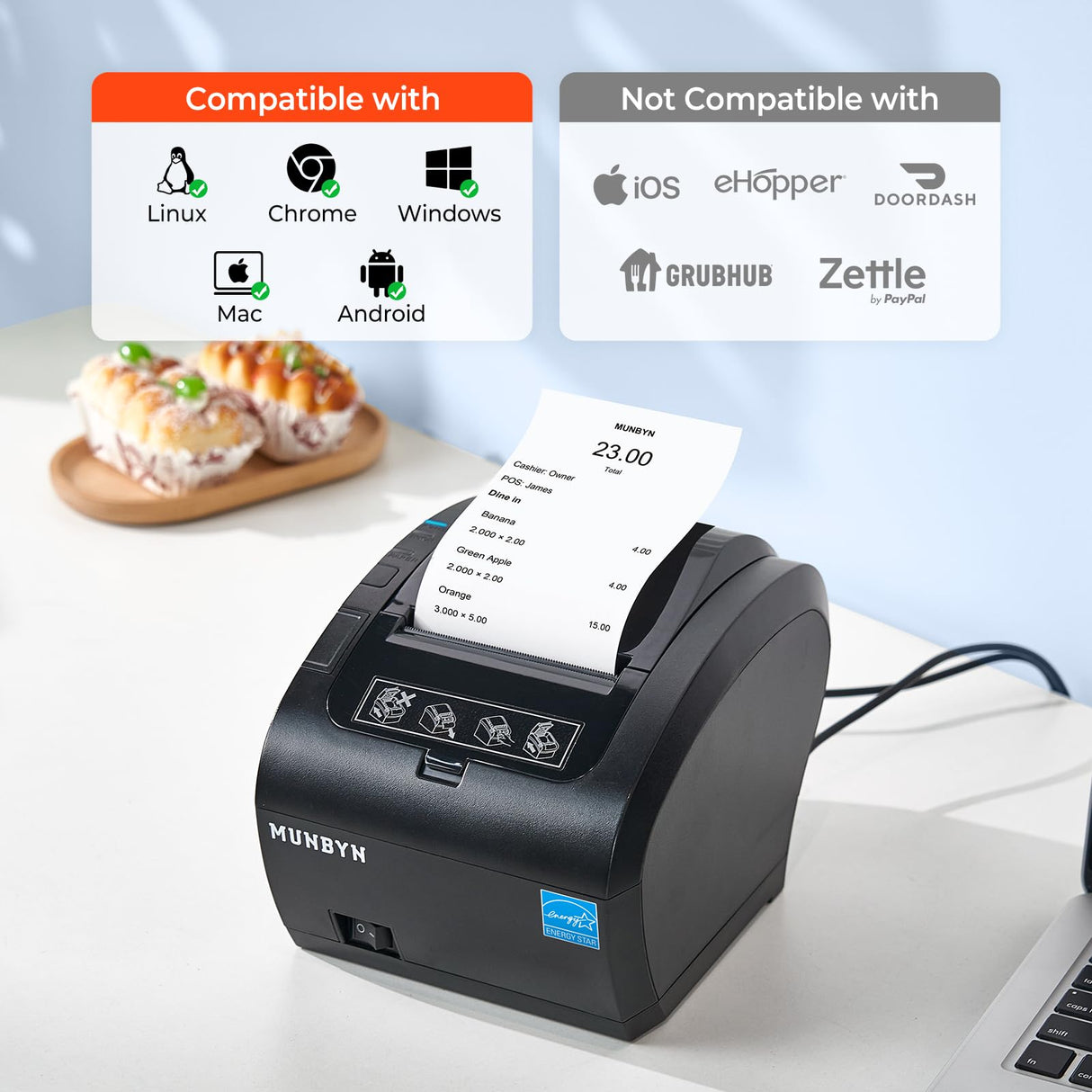 MUNBYN Bluetooth Thermal Receipt Printer P047, 80mm POS Printer, Thermal Printer with USB Serial Ethernet, Bluetooth, Support Android Windows PC (Do Not Support iOS Paypal Doordash Grubhub Vagaro) MUNBYN