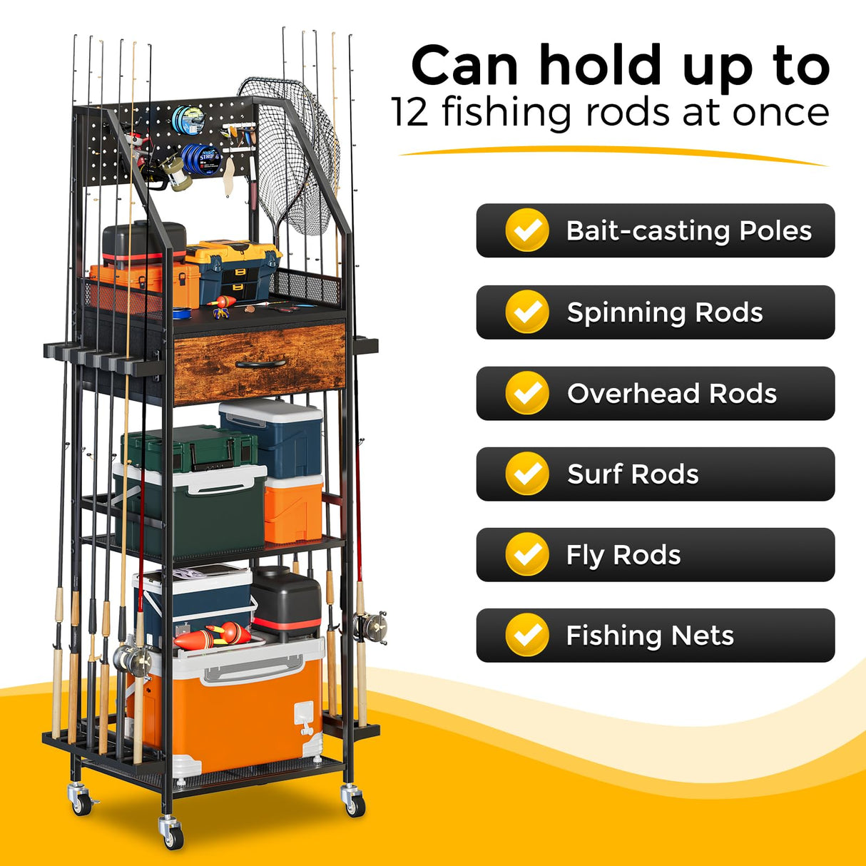 JIRTEMOT Fishing Rod Holder Organizer with Fabric Drawer & Pegboard, Space-Saving Garage Storage for 12 Rods, Reels, Tackle Boxes, Portable Fishing Gear Cart for Easy Access & Mobility JIRTEMOT