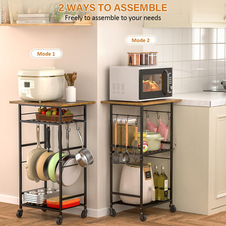 ThreeHio Rolling Kitchen Microwave Cart, 3 Tier Microwave Table Stand with Adjustable Shelf, Kitchen Storage Rack on Wheels, Coffee Station Cart Rack Shelf Organizer for Living Room Office, Balcony ThreeHio