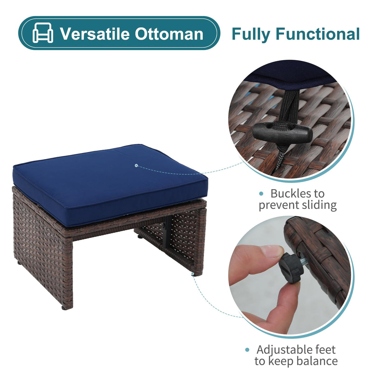 OC Orange-Casual 6 Piece Patio Wicker Furniture Set, Balcony All Weather Rattan Chair, with Space Saving Ottoman, Resin Nesting Coffee Table, Modern Design, Blue OC Orange-Casual