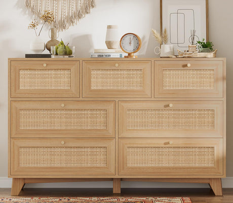 VIAGDO Rattan Dresser for Bedroom, 7 Drawer Dresser with Natural Rattan Drawers, Wooden Wide Cabinet with Gold Handles, Modern Closet Storage Chest of Drawers for Nursery Entryway Living Room VIAGDO