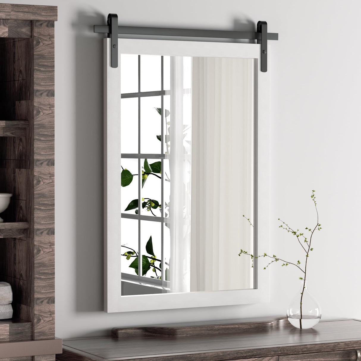 Farmhouse Bathroom Mirror, White Rustic Vanity Mirror Wood Framed Decrative Mirrors, Barn Door Style Decor Entryway Bedroom 22x30INCH Horizontal PAIHOME