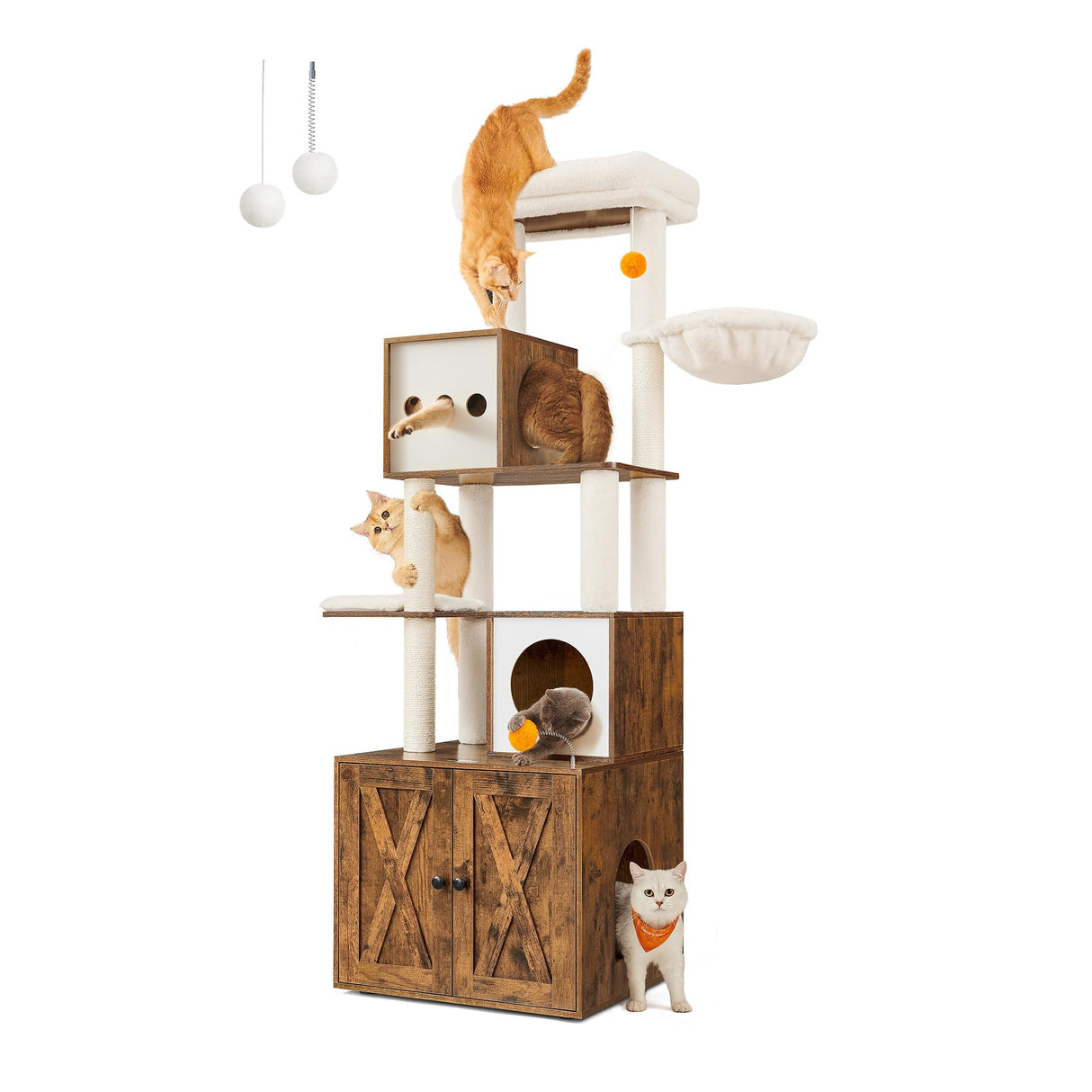 Feandrea Cat Tree with Litter Box Enclosure, 2-in-1 Modern Cat Tower, 72.8-Inch Tall Cat Condo with Scratching Posts, Perch, Caves, Basket, Washable Cushions, Rustic Brown UPCT116X01 Feandrea