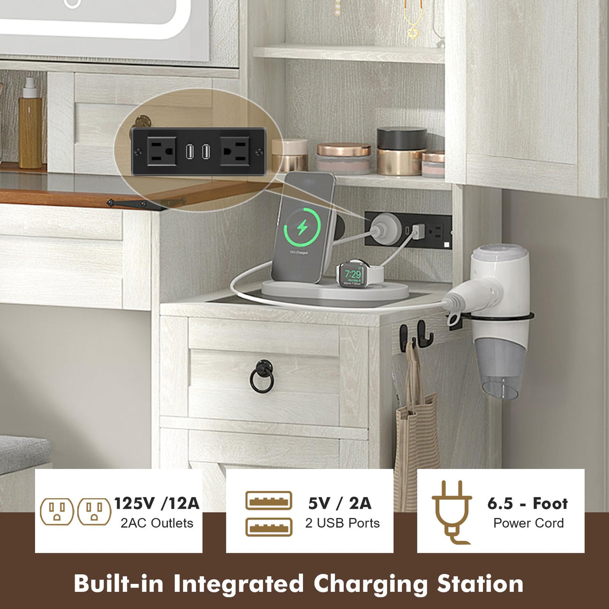 GlouMod Farmhouse Makeup Vanity Desk with Sliding Mirror and Lights, 42" Glass Top Vanity Table with Charging Station & 4 Drawers & 2 Cabinets, Vintage Vanity Set for Bedroom, Stool Included, White GlouMod