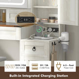 GlouMod Farmhouse Makeup Vanity Desk with Sliding Mirror and Lights, 42" Glass Top Vanity Table with Charging Station & 4 Drawers & 2 Cabinets, Vintage Vanity Set for Bedroom, Stool Included, White GlouMod