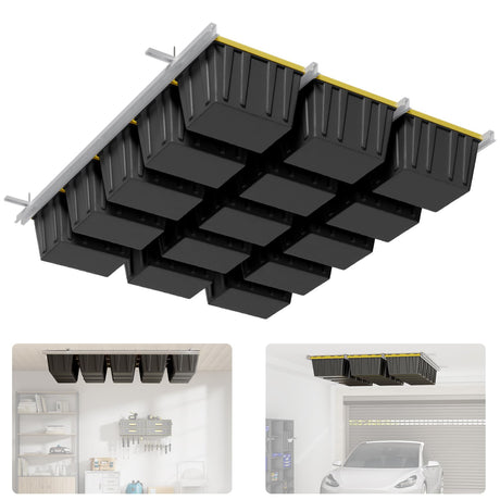 Mokemok Overhead Garage Storage Rack Extra Large-Organizes Up to 15 Tote Bins 0.1-inch Thickened Heavy Alloy Steel Garage Tote Storage System with Adjustable Rails-Ceiling Storage Rack Mokemok