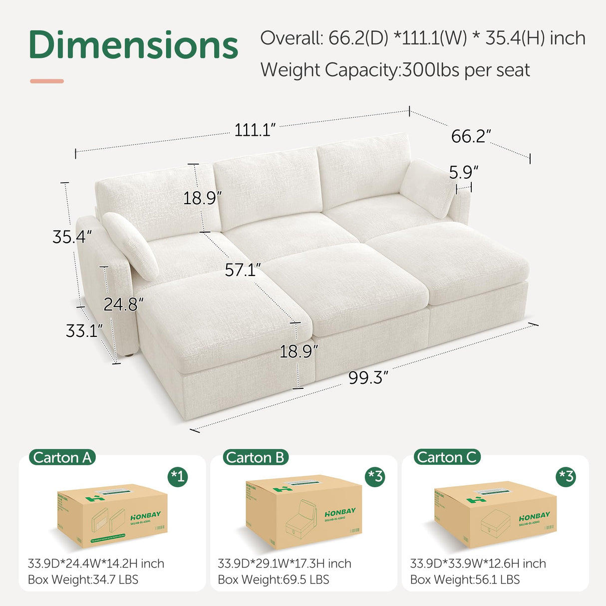 HONBAY Modular Sectional Sofa, Sectional Couch with Storage Seats, Chenille Sectional Couches for Living Room, Beige HONBAY