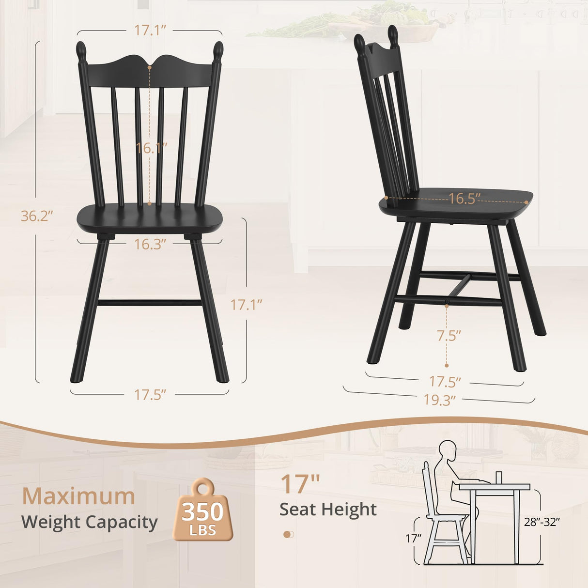 LUE BONA Black Dining Chairs Set of 4, Windsor Wooden Dining Chair with Thickened Backrest, Morden and Mid Century Kitchen Chairs for Dining Room Farmhouse, Weight Capacity 350 lbs LUE BONA