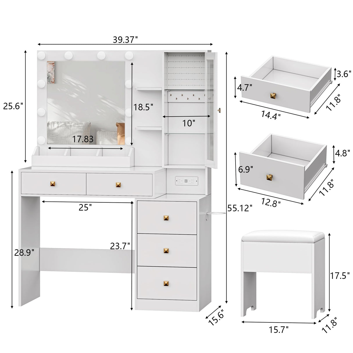 Vanity Desk with Mirror and Lights, White Makeup Vanity with 5 Drawers Hidden Jewelry Organizer& LED Glass Cabinet,3 Lights Mode and Brightness Adjusted,Vanity Mirror with Lights Desk and Chair HUANLEGO