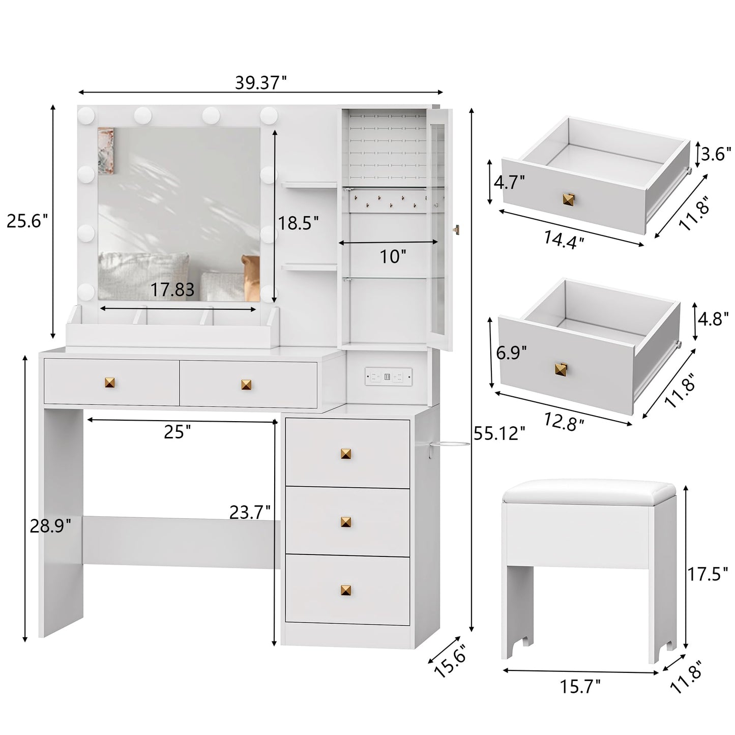 Vanity Desk with Mirror and Lights, White Makeup Vanity with 5 Drawers Hidden Jewelry Organizer& LED Glass Cabinet,3 Lights Mode and Brightness Adjusted,Vanity Mirror with Lights Desk and Cha - WoodArtSupply